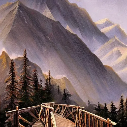 Prompt: a wooden bridge between two mountain peaks,painting,beautiful,romanticism