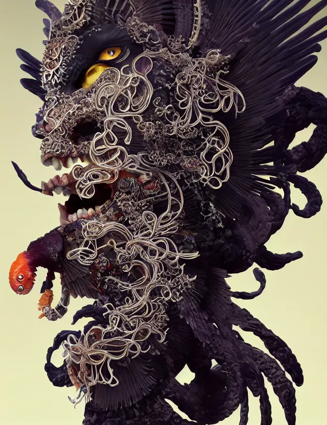 Image similar to 3 d goddess of hell close - up profile portrait with ram skull. beautiful intricately detailed japanese crow kitsune mask and clasical japanese kimono. betta fish, jellyfish phoenix, bio luminescent, plasma, ice, water, wind, creature, artwork by tooth wu and wlop and beeple and greg rutkowski