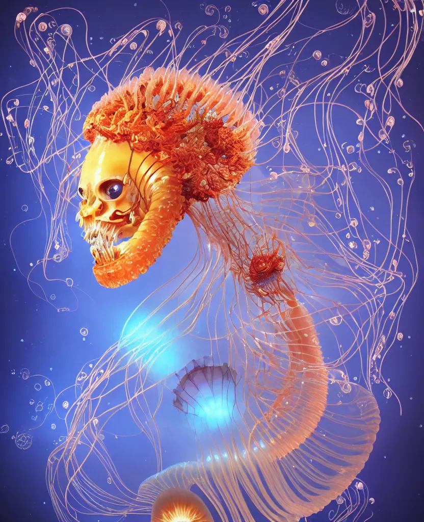 Image similar to close-up portrait of the face of a beautiful princess in a twisted flowers jellyfish mask in a spaceman suit surrounded by energy flow, epic angle and pose, symmetrical artwork, 3d with depth of field, blurred background, floating jellyfish skull phoenix bird, translucent, nautilus, energy flows of water and fire. a highly detailed epic cinematic concept art CG render. made in Maya, Blender and Photoshop, octane render, excellent composition, cinematic dystopian brutalist atmosphere, dynamic dramatic cinematic lighting, aesthetic, very inspirational, arthouse. y Greg Rutkowski, Ilya Kuvshinov, WLOP, Stanley Artgerm Lau, Ruan Jia and Fenghua Zhong