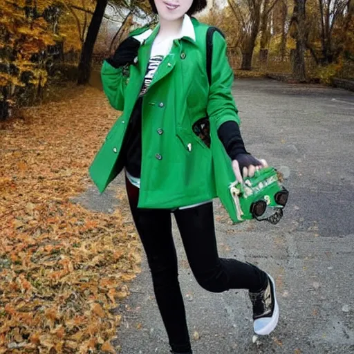 Prompt: teenage girl with short hair wearing green jacket and windproof glasses ， steampunk