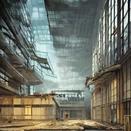 Image similar to “derelict architecture buildings, building designed by architect Norman Foster, architecture digest, building surrounded in a luxurious environment, modern tones, fluorescent lighting,volumetric Lighting, cyber punk, photorealism, high detail, golden ratio, cinematic, octane renderer”