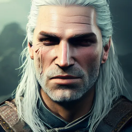 Prompt: Portrait of Geralt of Rivia by Michele Soavi, closeup, 8k, photorealism, Tom Bagshaw, global illumination, volumetric lighting, CGsociety, radiant light