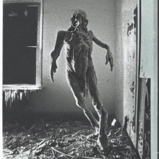 Image similar to 1 9 8 3, found footage, old abandoned house, creepy mutant flesh creature, flesh blob