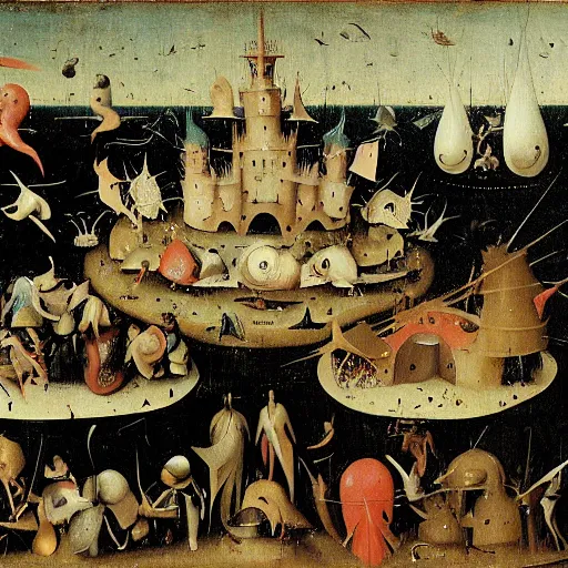 Image similar to absolute void filled with fish people flying and eating frogs, by hieronymus bosch