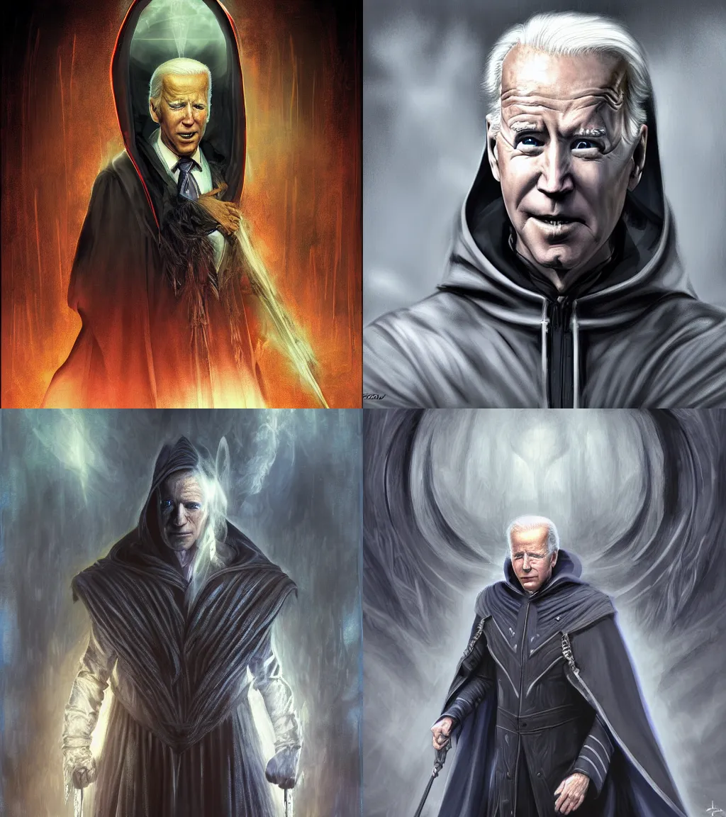 Image similar to joe biden as a hooded arch mage, portrait, by artgem, by yoshitaka amano, dark atmosphere, digital art, highly detailed,