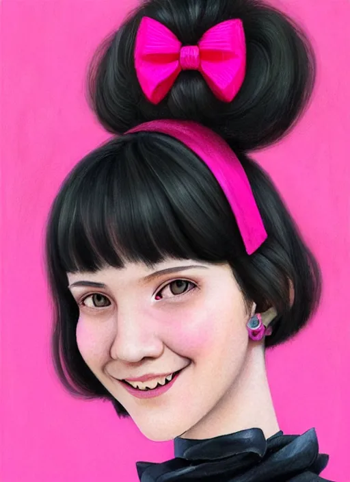 Image similar to portrait of high school girl, realistic, black hair, bangs, half updo hairstyle, pointy nose, skinny, smile, ugly, defined jawline, big chin, pink hair bow, earrings, intricate, elegant, glowing lights, highly detailed, digital painting, artstation, sharp focus, illustration, art by wlop, mars ravelo and greg rutkowski