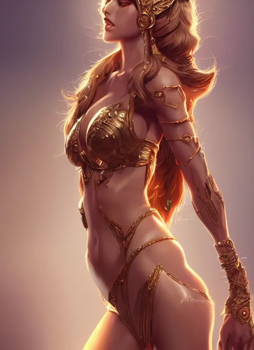 Image similar to a highly detailed illustration of tan goddess ishtar, elegant seductive pose, intricate, elegant, highly detailed, centered, digital painting, artstation, concept art, smooth, sharp focus, league of legends concept art, wlop