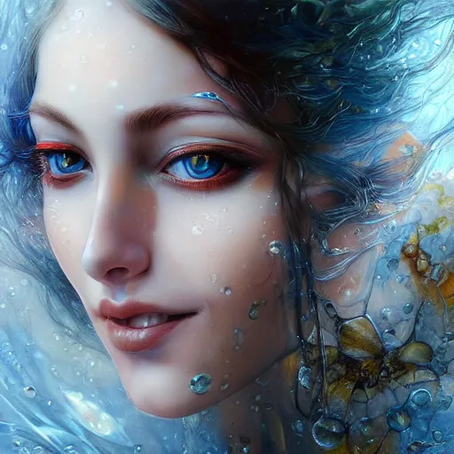 Prompt: a beautiful woman manipulating water by karol bak, ayami kojima, artgerm, river, water, blue eyes, smile, concept art, fantasy by yoshitaka amano