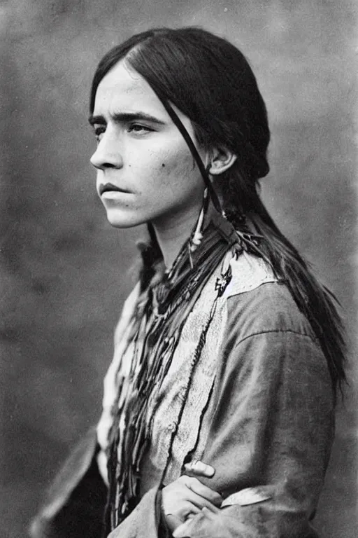 Image similar to “Photo of Native American indian woman Emma Watson, portrait, skilled warrior of the Chiricahua Apache, Lozen was the sister of Victorio a prominent Chief, showing pain and sadness on her face, ancient, realistic, detailed, emma watson”