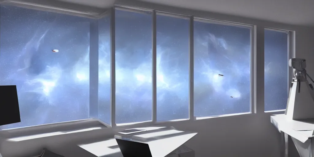 Prompt: photo realistic of a study, overlooking a space battle out a window, blue and black volumetric lighting