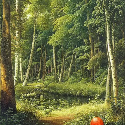 Prompt: forest full of fruits, epic beautiful detailed painting by ivan shishkin