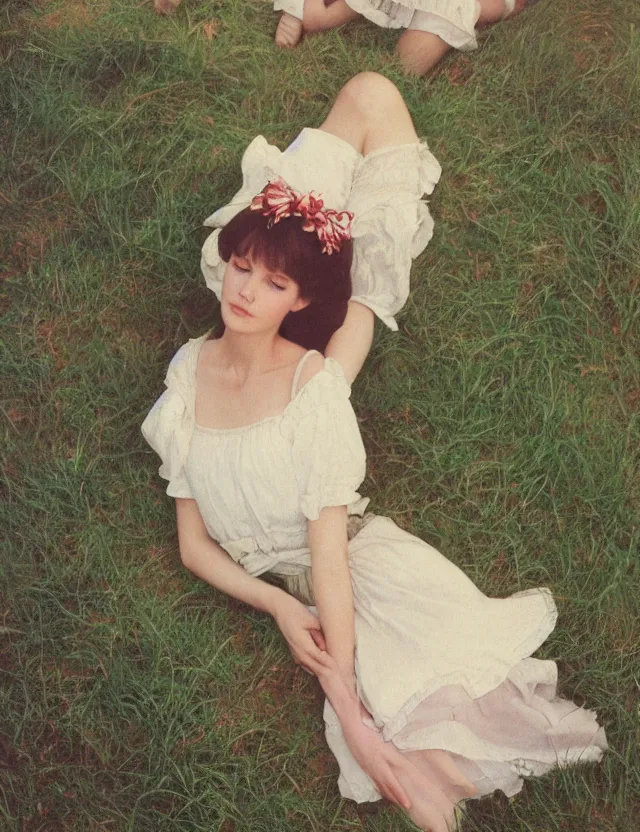 Image similar to lolita on a village, high angle view, portrait, Cinematic focus, Polaroid photo, vintage, neutral colors, soft lights, foggy, by Steve Hanks, by Serov Valentin, by lisa yuskavage, by Andrei Tarkovsky 8k render, detailed, oil on canvas
