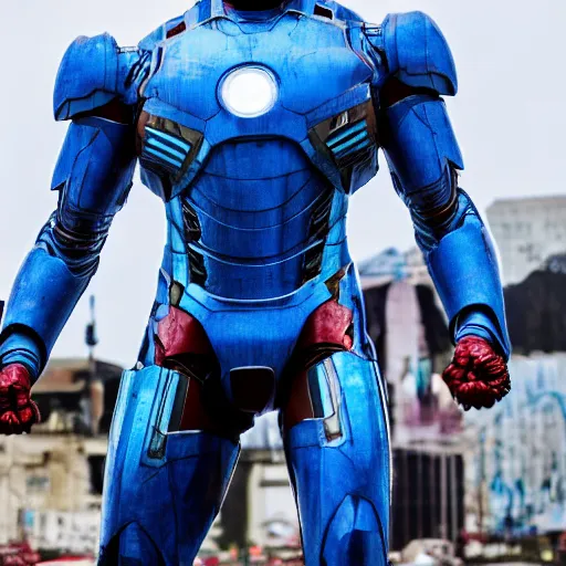 Image similar to fully blue iron man suit, 4k realistic photo