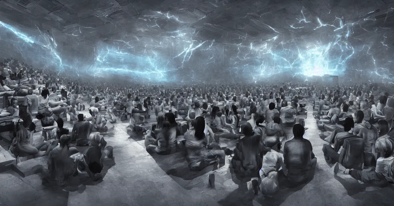 Image similar to rear view of the seated souls in the cinema watching volumetric light of consciousness projecting illusions of their lives on the big screen, trapped ego, realistic, deep sense of spirituality, visual plasticity, unreal engine quality, raytracing, vray shading, style of eddie mendoza