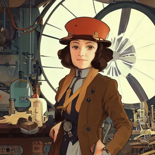Prompt: Portrait of annasophia robb as an airship mechanic at her workbench, steampunk, defined facial features, highly detailed, crammed with details, artstation, official artbook, official Kyoto Animation and Studio Ghibli anime screenshot, by Ilya Kuvshinov and Alphonse Mucha