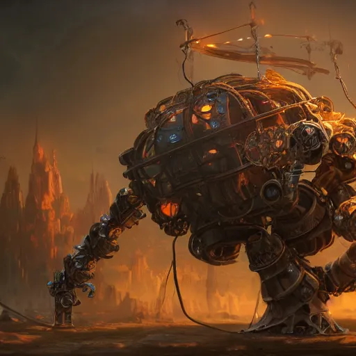 Prompt: a Steam powered mechanical golem, forward facing angle, studio background, concept art, character design, stunning 3d render , art by Tooth Wu and riot studios, 8k octane beautifully detailed render, post-processing, extremely hyperdetailed, intricate complexity, masterpiece, trending on artstation