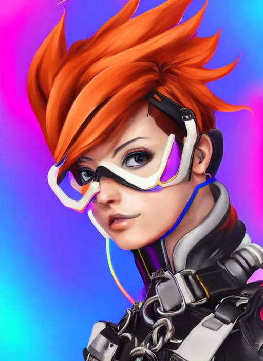 Image similar to portrait bust digital artwork of tracer overwatch, wearing iridescent rainbow latex and leather straps catsuit outfit, neon makeup, in style of mark arian, angel wings, wearing detailed leather collar, chains, black leather harness, detailed face and eyes,