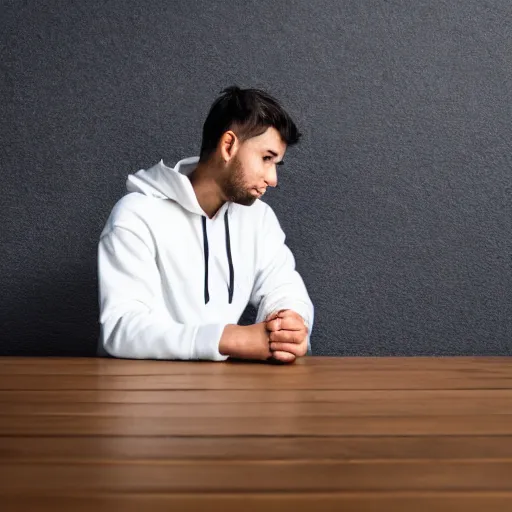 Prompt: guy in white hoodie sitting alone at a wooden table. black background