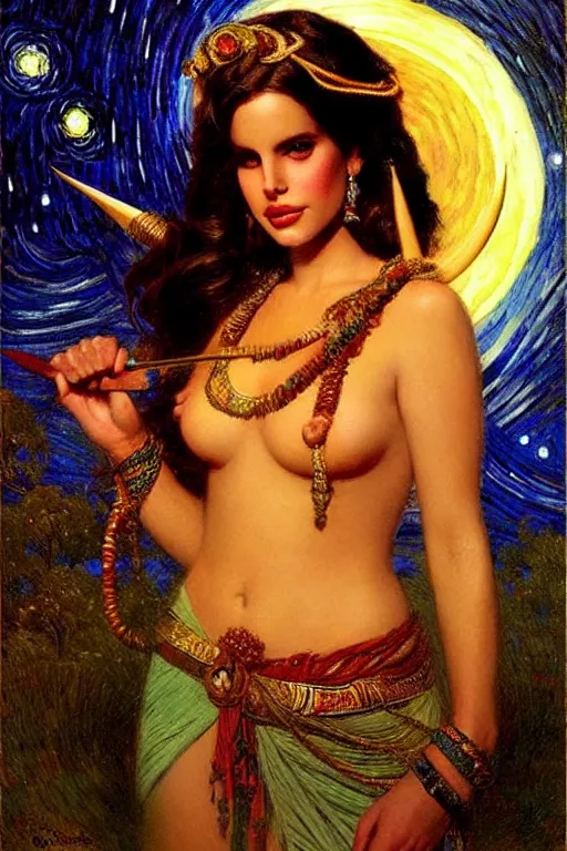 Prompt: attractive lana del rey as a shiva playing pinao, starry night, painting by gaston bussiere, craig mullins, j. c. leyendecker