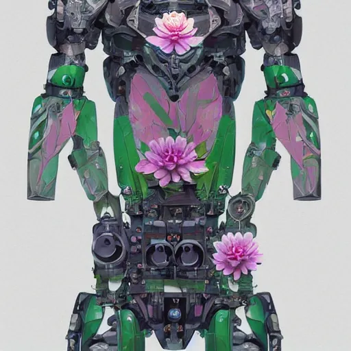 Image similar to symmetry, waterlily mobile combat suit floral robot, biomechanical, waterlily mecha nymphaea, detailed illustration, concept art, smooth, sharp focus, by frank gehry