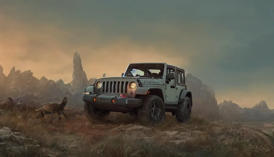 Image similar to single jeep wrangler, tribe members watching nearby, an epic fantasy, dramatic lighting, cinematic, establishing shot, extremely high detail, photorealistic, cinematic lighting, artstation, by simon stalenhag, horizon forbidden west