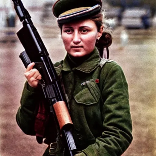 Prompt: Lyudmila Pavlichenko, young female Soviet sniper, photography by Annie Leibovitz