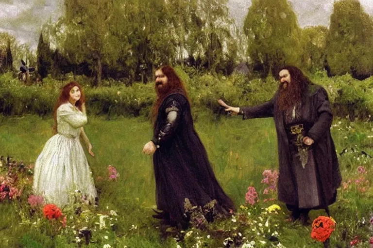 Image similar to hagrid the viking and morticia addams frolicking in a field of various flowers, fairy garden, masterpiece, highly detailed, oil on canvas, art by walter sickert, john singer sargent, and william open