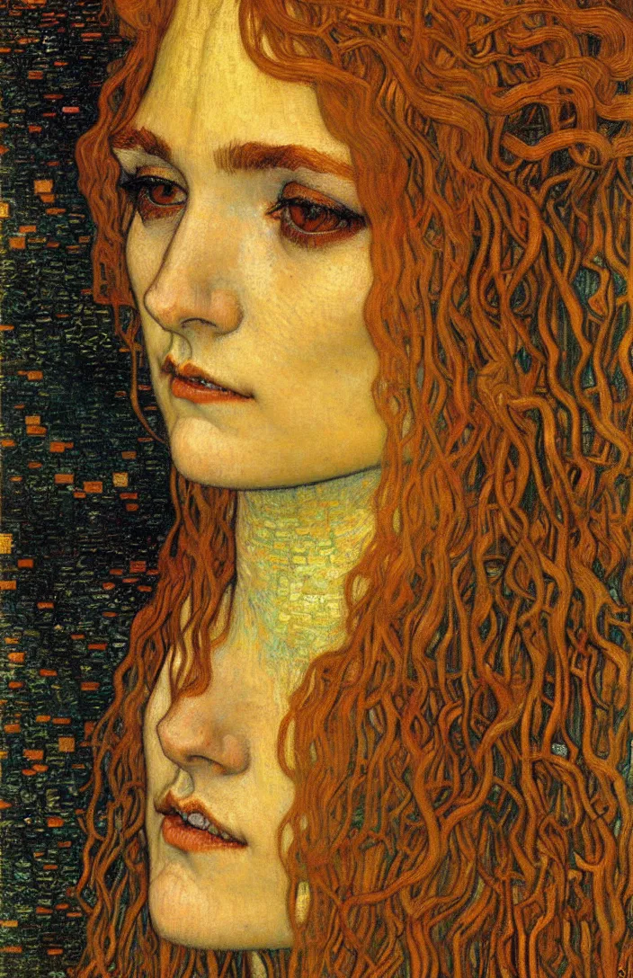 Image similar to detailed realistic beautiful young medieval queen face portrait by jean delville, gustav klimt and vincent van gogh, art nouveau, symbolist, visionary, gothic, pre - raphaelite, muted earthy colors, desaturated