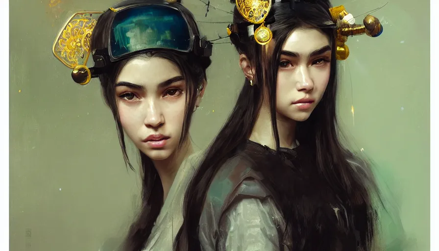 Prompt: madison beer, detailed portrait young gangster woman, amazing beauty, visor, neon tattoo, styled hair, decorated traditional japanese ornaments by carl spitzweg, ismail inceoglu, vdragan bibin, hans thoma, greg rutkowski, alexandros pyromallis, perfect face, fine details, realistic shaded