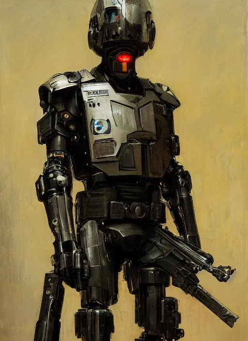 Prompt: Sgt Eliezer Grim. Menacing Cyberpunk policeman carrying machine pistols, wearing a combat vest and towering with robotic stilt legs. (dystopian, police state, Cyberpunk 2077, bladerunner 2049). Iranian orientalist portrait by john william waterhouse and Edwin Longsden Long and Theodore Ralli and Nasreddine Dinet, oil on canvas. Cinematic, vivid colors, hyper realism, realistic proportions, dramatic lighting, high detail 4k