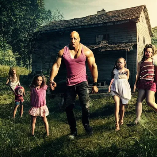 Image similar to closeup photo of vin diesel and his wife and 6 children, sunny day, village house, pastoral, happy, cinematic, art by jan urschel and neil blevins