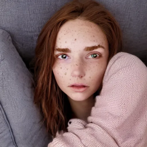 Image similar to portrait of a cute thin young woman, red blush, cute freckles wearing casual clothes, small smile, relaxing on a couch, cozy living room, close up shot, 8 k, art by diego fazio and irakli nadar, hyperrealism, hyperdetailed, ultra realistic