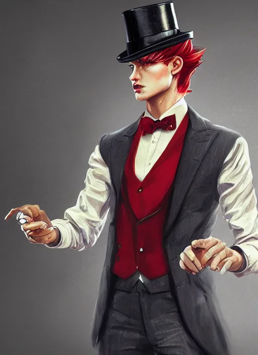 Image similar to a highly detailed illustration of stylish top hat wearing red haired attractive man, wearing suit vest, flashy card trick pose, intricate, elegant, highly detailed, centered, digital painting, artstation, concept art, smooth, sharp focus, league of legends concept art, WLOP