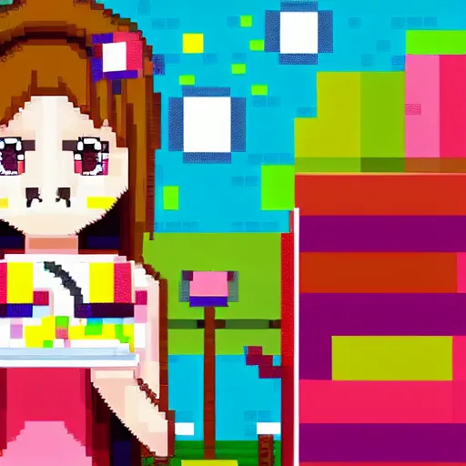 Image similar to colorful anime girl with big eyes eating ice cream pixel art