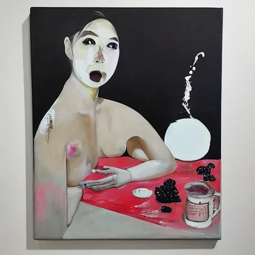 Image similar to “ a portrait in a female art student ’ s apartment, sensual, a pig theme, art supplies, paint tubes, ikebana, herbs, a candle dripping white wax, black walls, squashed berries, berry juice drips, acrylic and spray paint and oilstick on canvas, surrealism, neoexpressionism ”