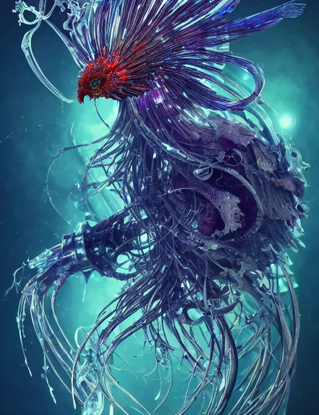 Image similar to witch phoenix macro close - up portrait with crown made of ram skull. phoenix, betta fish, jellyfish, bioluminiscent, plasma, ice, water, wind, creature, super intricate ornaments artwork by tooth wu and wlop and beeple and greg rutkowski