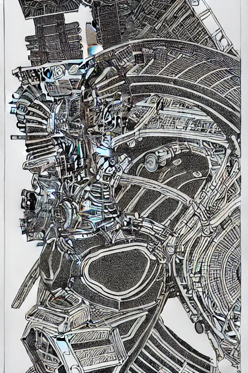 Image similar to a black and white drawing of an ancient future japanese temple samurai, a detailed mixed media collage by hiroki tsukuda and eduardo paolozzi and moebius, intricate linework, sketchbook psychedelic doodle comic drawing, geometric, street art, polycount, deconstructivism, matte drawing, academic art, constructivism