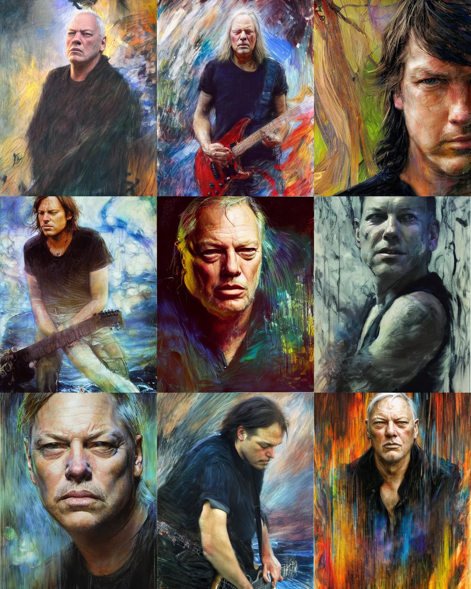 Prompt: david gilmour age 2 8 dramatic expression, psychedelic plein air portrait painting by richard schmid, john william waterhouse, thomas moran, studio ghibli, donato giancola, fashion photography,