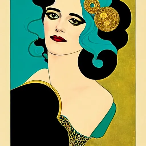 Image similar to turquoise and gold and black portrait of the young actress, eva green as queen of the emerald dead, comic art by joshua middleton, art by coles phillips, tendrils, vamp, elegant, decadent, stylised comic art, klimt, mucha, 1 9 7 0 s poster,