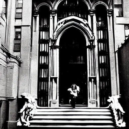 Image similar to Ripley and cat Jonesy moving apartment New York City 1983, gothic building entrance way art Deco H.R. Giger, cinematic feel, high octane