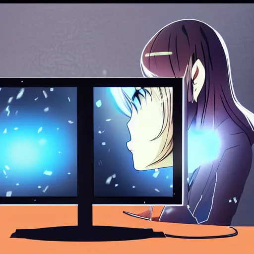 prompthunt: anime drawing of a gamer girl playing a game on her computer,  portrait shot of her face lit up by the monitor, dark atmosphere