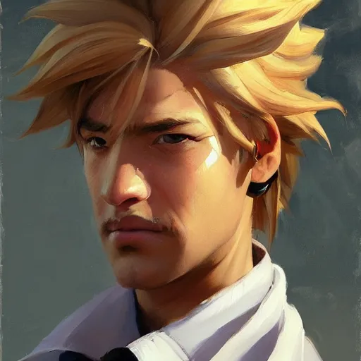 Image similar to greg manchess portrait of customer service cloud strife, medium shot, asymmetrical, profile picture, organic painting, sunny day, matte painting, bold shapes, hard edges, street art, trending on artstation, by huang guangjian and gil elvgren and sachin teng