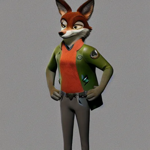 Prompt: full body, 3d render , anthropomorphic coyote male , wearing along brown leather jacket , in the style of Zootopia