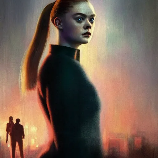 Prompt: ultra realistic portrait painting of elle fanning in blade runner 2 0 4 9, art by frank frazetta, 4 k, ultra realistic, highly detailed, epic lighting