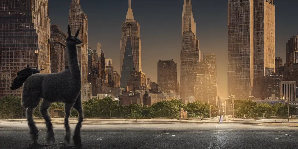 Image similar to a llama walking away towards a desolate manhattan city street at night, statue of liberty seen in the background, realistic 4 k octane beautifully detailed render, 4 k post - processing, highly detailed, detailed face, intricate complexity, epic composition, magical atmosphere, cinematic lighting, masterpiece, color picture, ultra hd