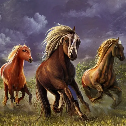 Prompt: horses made out rice galloping through the wilderness, style of Magic the Gathering, fantasy art