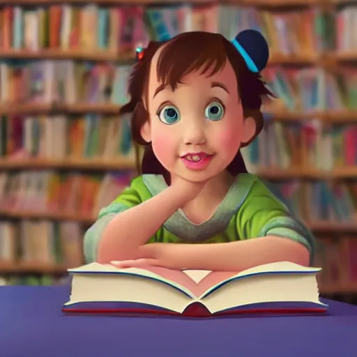 Image similar to a little girl with short wavy brown hair sits on top of a pile of books reading a book in a still from a disney movie. beautiful disney cartoon character art, high quality, detailed face