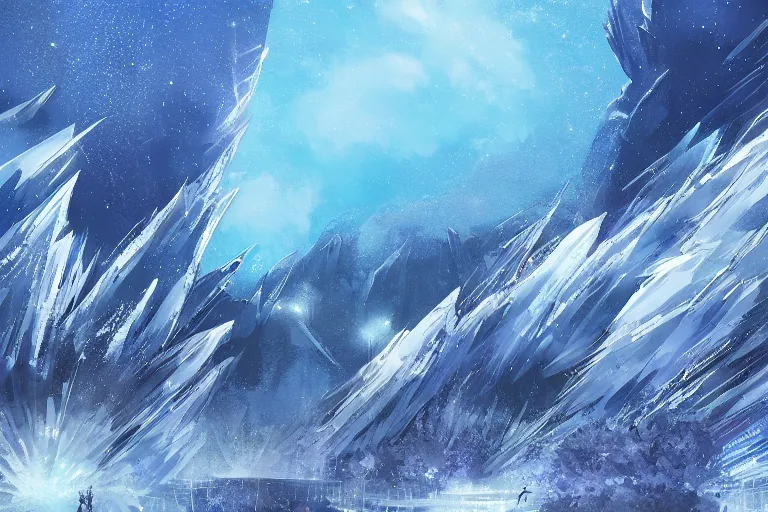 Prompt: blue themed ice crystal landscape, meteor shower, epic, miyazaki style, cinematic, indie, highly detailed, featured on artstation, highly detailed, abstract