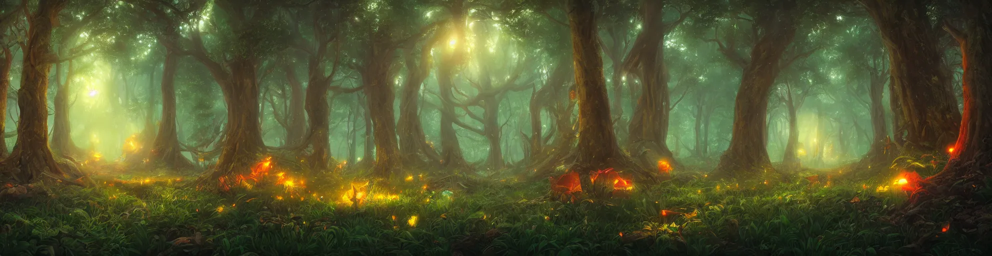 Prompt: Magical forest, fireflies, bioluminescent mushrooms, trending on artstation, wide angle, noah bradley