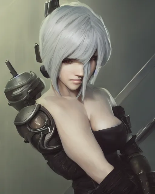 Image similar to full body league of legends portrait of 2 b nier automata, au naturel, hyper detailed, digital art, trending in artstation, cinematic lighting, studio quality, smooth render, unreal engine 5 rendered, octane rendered, art style by klimt and nixeu and ian sprigger and wlop and krenz cushart.